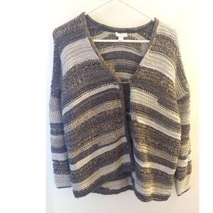 J. Jill Chunky Knit Open Front Cardigan Small Neutral Striped Cozy Sweater